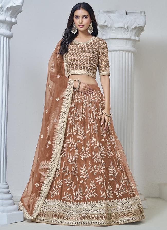 Net Brown Wedding Wear Embroidery Work Lehenga Choli